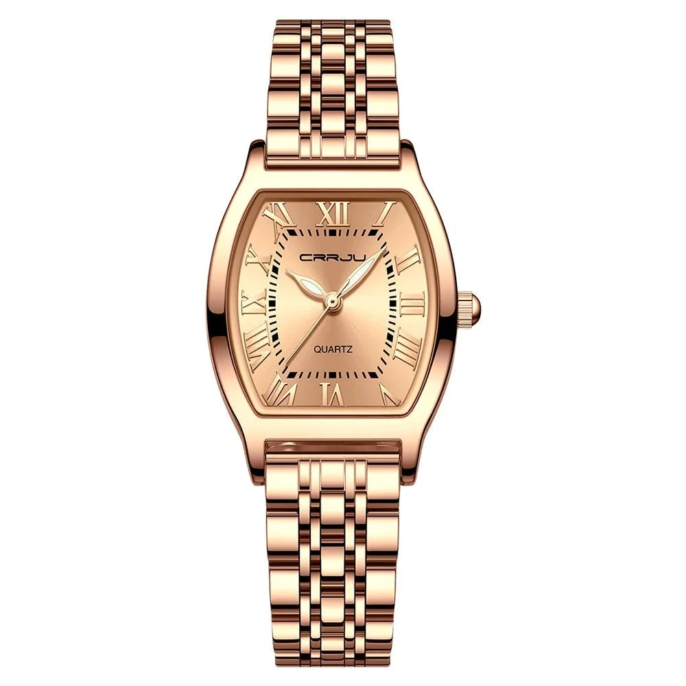 A close-up of a Steel Dress Bracelet Watch featuring a tonneau-shaped alloy case and stainless steel bracelet. The watch dial displays the time against a Hardlex window, with water resistance up to 3Bar.