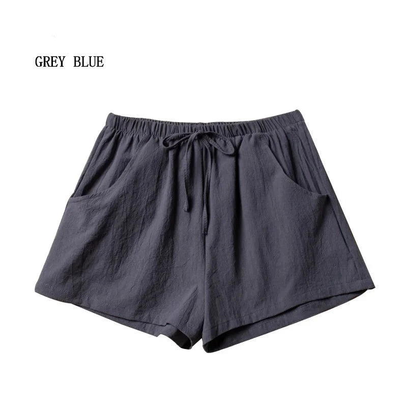 High-Waisted Casual Linen Shorts with bows, ribbons, sashes, and a distressed look, made from cotton-linen blend with an elastic waist, perfect for all-season wear.