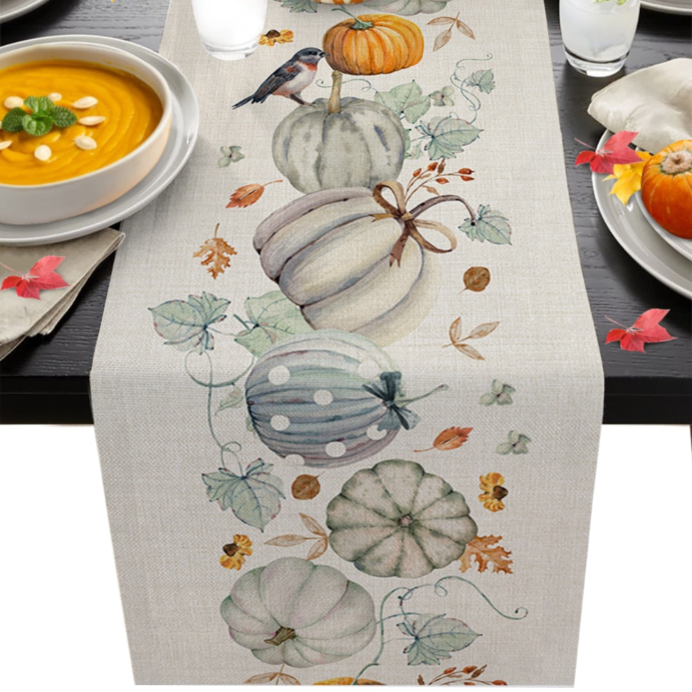 Autumn Pumpkin Maple Dining Table Cloth - Nordic-inspired print, woven linen material. Elevate your dining space. Perfect for home or hotel use.