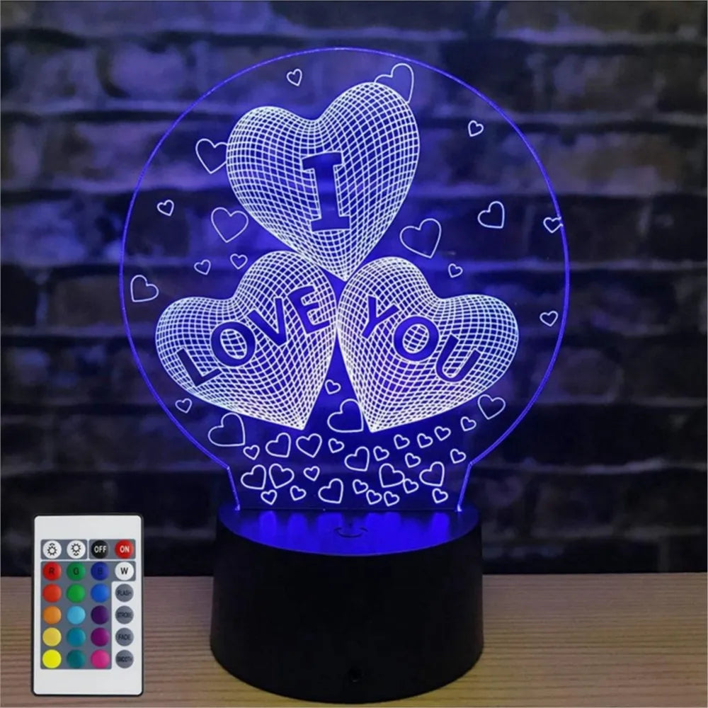 Love Heart 3D Night Light - Charming love heart design lamp with LED bulbs. Perfect as gift and holiday decorations. Powered via USB interface.