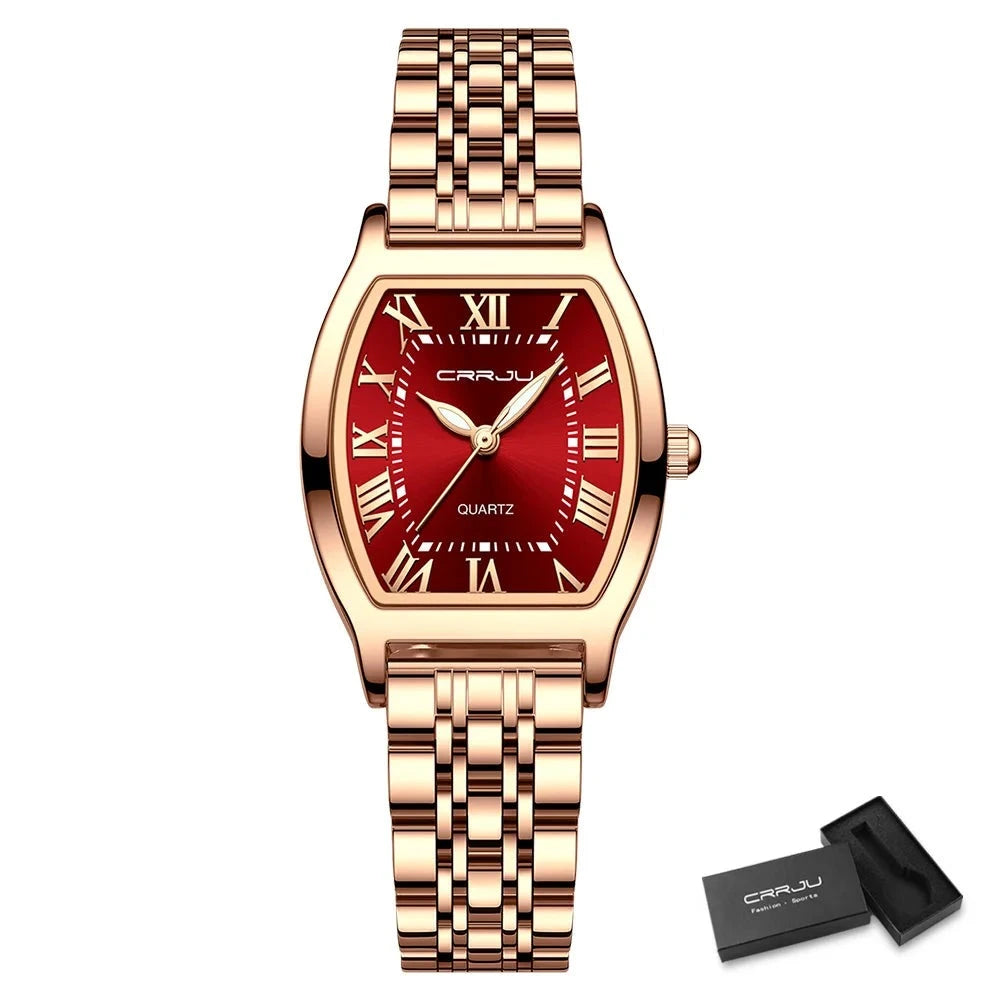 A close-up of a Steel Dress Bracelet Watch featuring a tonneau-shaped alloy case and stainless steel bracelet. The watch dial displays the time against a Hardlex window, with water resistance up to 3Bar.
