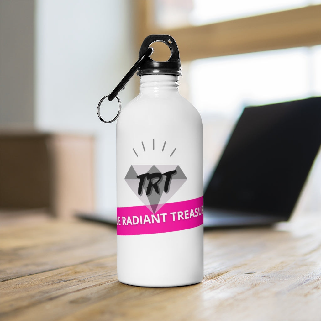 Stainless Steel Water Bottle - Lightweight, 14 oz capacity, plastic screw top, includes carabiner and keychain ring.