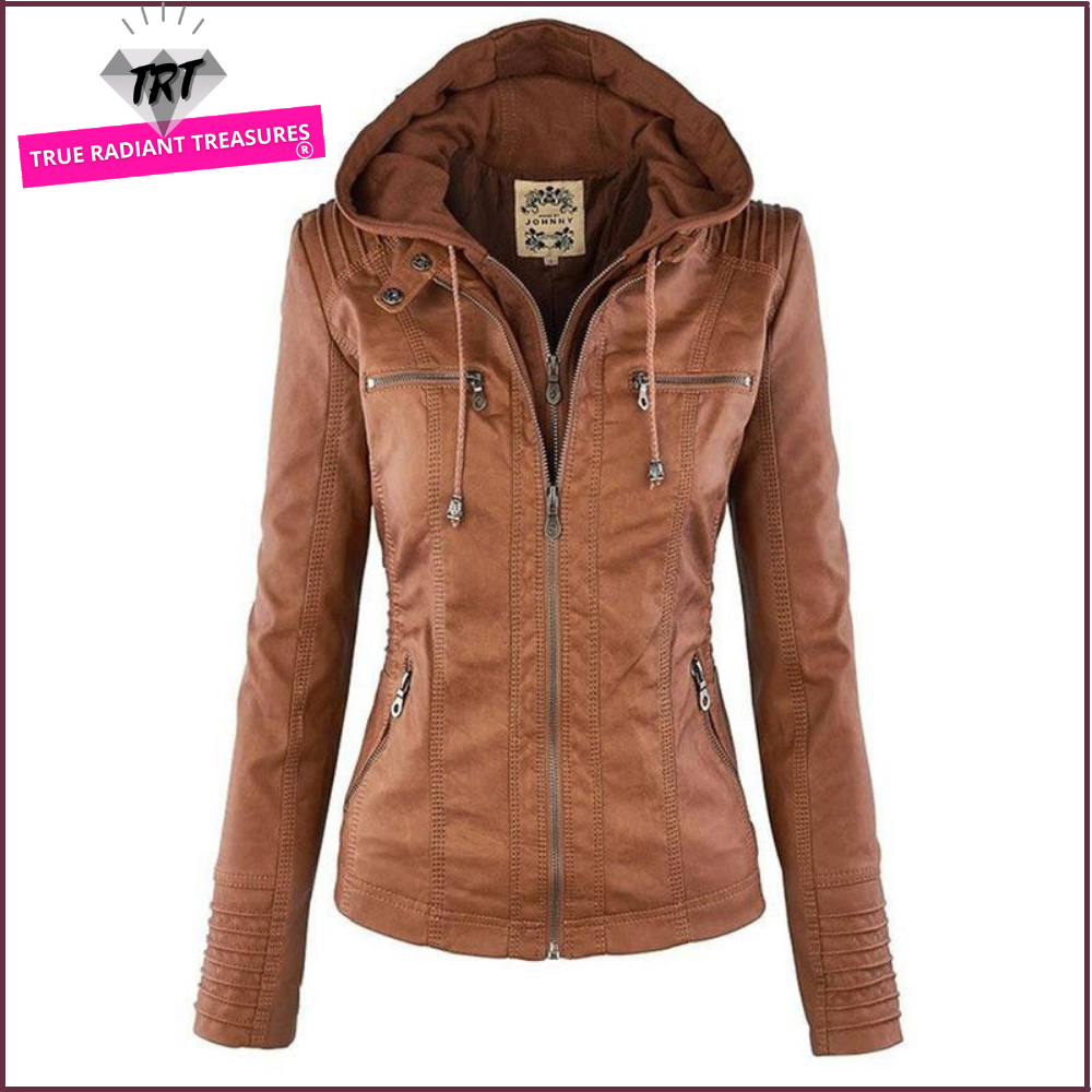 Faux leather jacket - Stylish, warm, zippers, pockets, different sizes and colors.