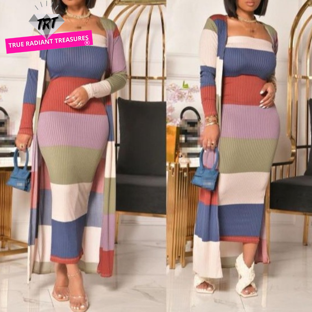 Stay cozy and stylish this fall with our 2-piece casual autumn dress. This outfit includes a long-sleeved cardigan and a full-length dress with a stripe pattern. Available in different colors and sizes, it's perfect for any casual occasion. Made with high-quality materials, it's comfortable and perfect for colder weather.