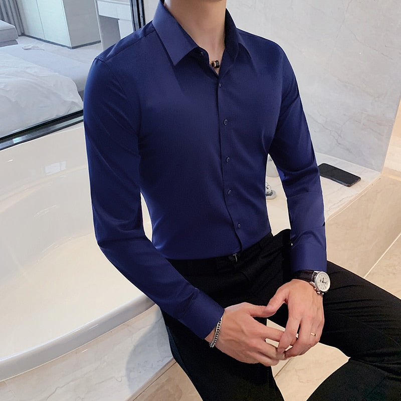 British Style Long Sleeve Shirt - Perfect for the office - Made with polyester and spandex - Cozy and warm - Pair with slacks and formal shoes.
