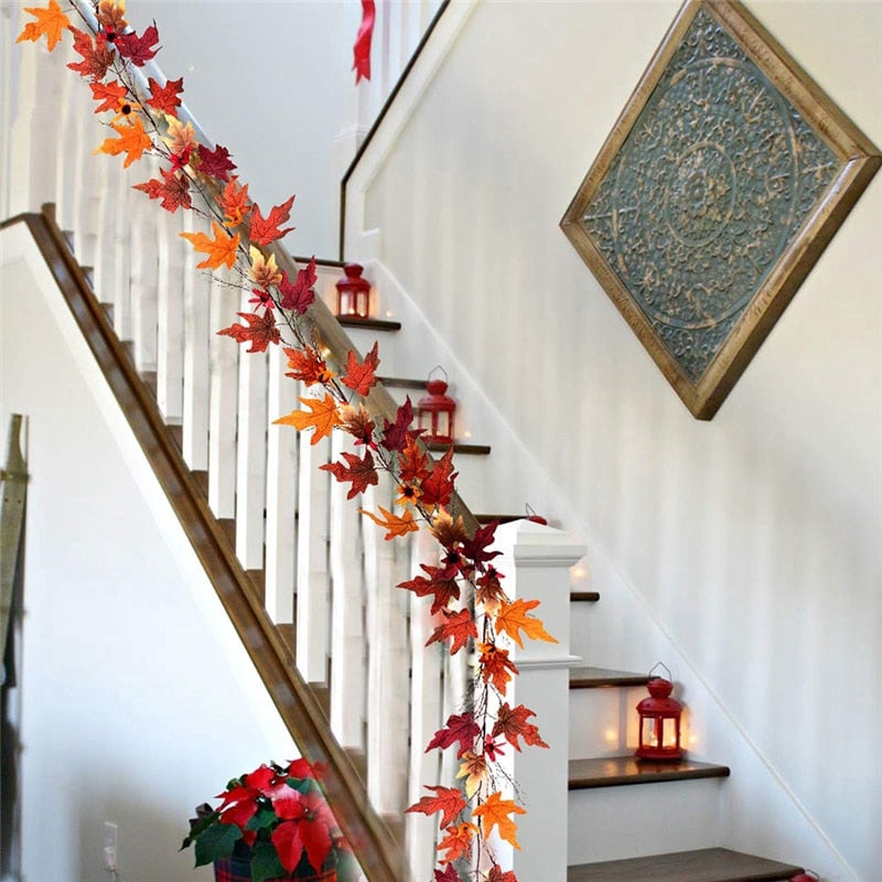Maple Leaf String Decor featuring golden and silver leaves, perfect for adding a festive touch to Thanksgiving celebrations, versatile for placement on fireplace, door, or steps.