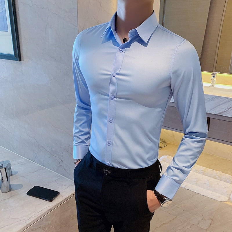 British Style Long Sleeve Shirt - Perfect for the office - Made with polyester and spandex - Cozy and warm - Pair with slacks and formal shoes.