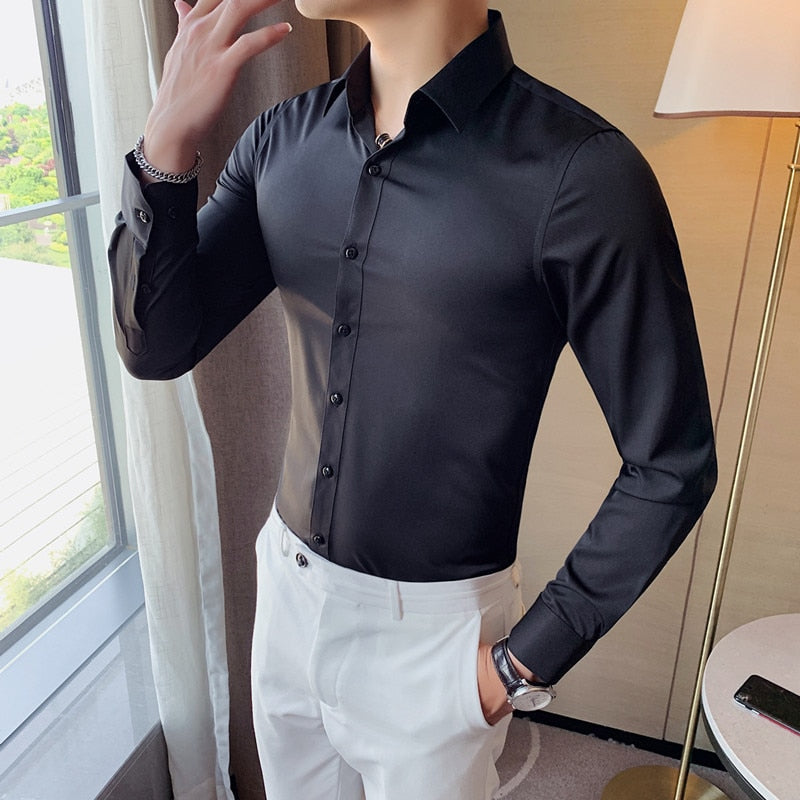 British Style Long Sleeve Shirt - Perfect for the office - Made with polyester and spandex - Cozy and warm - Pair with slacks and formal shoes.