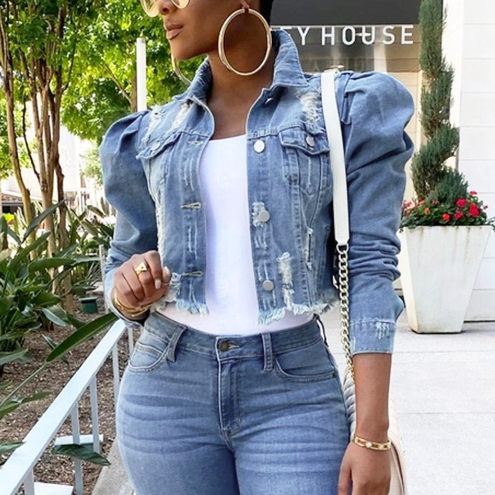 Image of Ripped Women's Jacket with puffed sleeve and ripped style, ideal for layering with tops or blouses. Fashionable and warm for cold weather