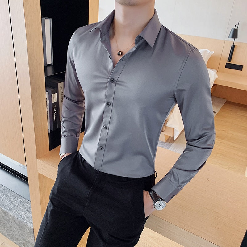 British Style Long Sleeve Shirt - Perfect for the office - Made with polyester and spandex - Cozy and warm - Pair with slacks and formal shoes.