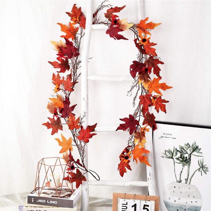 Maple Leaf String Decor featuring golden and silver leaves, perfect for adding a festive touch to Thanksgiving celebrations, versatile for placement on fireplace, door, or steps.