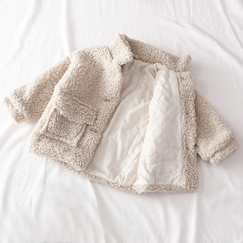 Girl's Fashion Winter Jacket made from polyester, wool, and blends to keep kids warm and dry. Available in white, brown, and pink, sizes for 1 to 12 years old. Order now to prepare for winter!