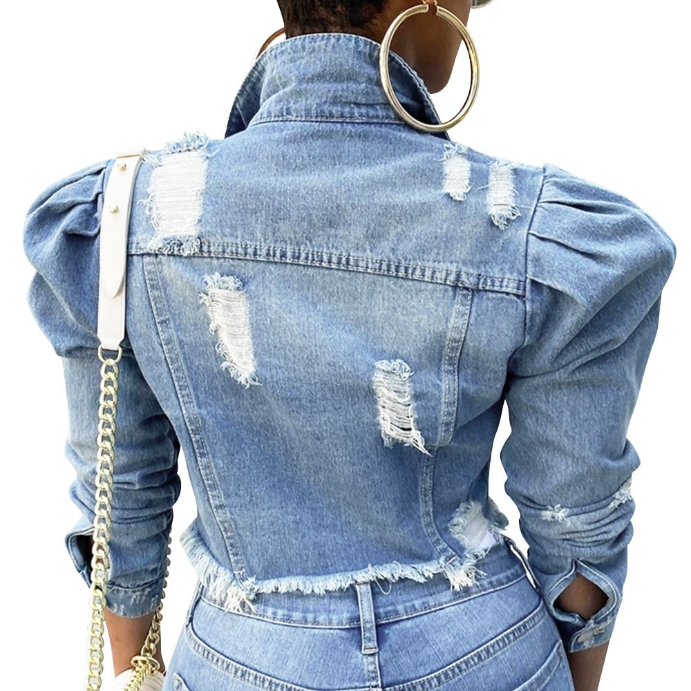 Image of Ripped Women's Jacket with puffed sleeve and ripped style, ideal for layering with tops or blouses. Fashionable and warm for cold weather
