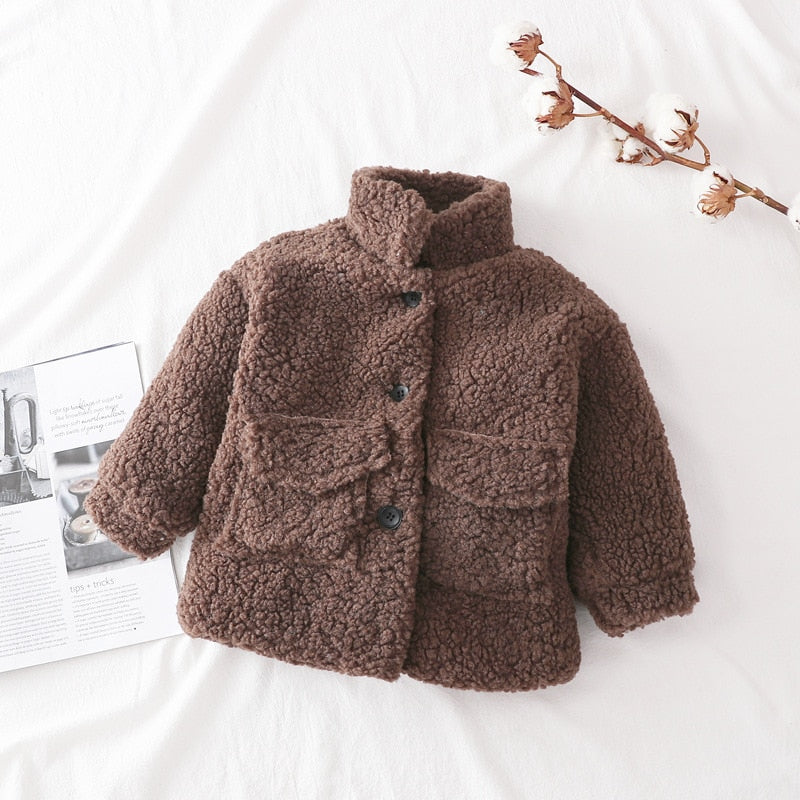 Girl's Fashion Winter Jacket made from polyester, wool, and blends to keep kids warm and dry. Available in white, brown, and pink, sizes for 1 to 12 years old. Order now to prepare for winter!