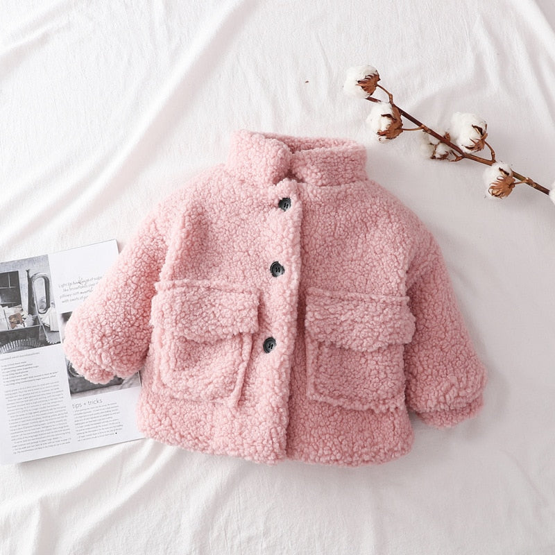 Girl's Fashion Winter Jacket made from polyester, wool, and blends to keep kids warm and dry. Available in white, brown, and pink, sizes for 1 to 12 years old. Order now to prepare for winter!