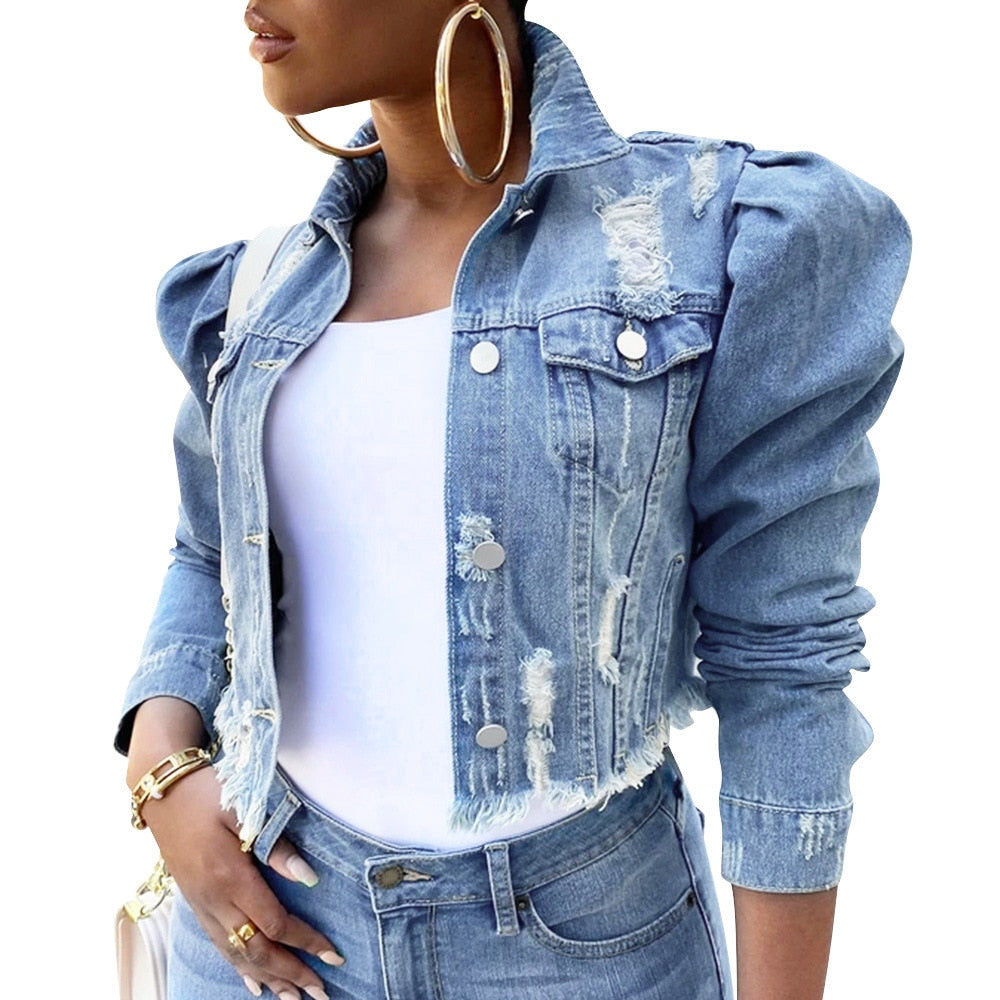 Image of Ripped Women's Jacket with puffed sleeve and ripped style, ideal for layering with tops or blouses. Fashionable and warm for cold weather