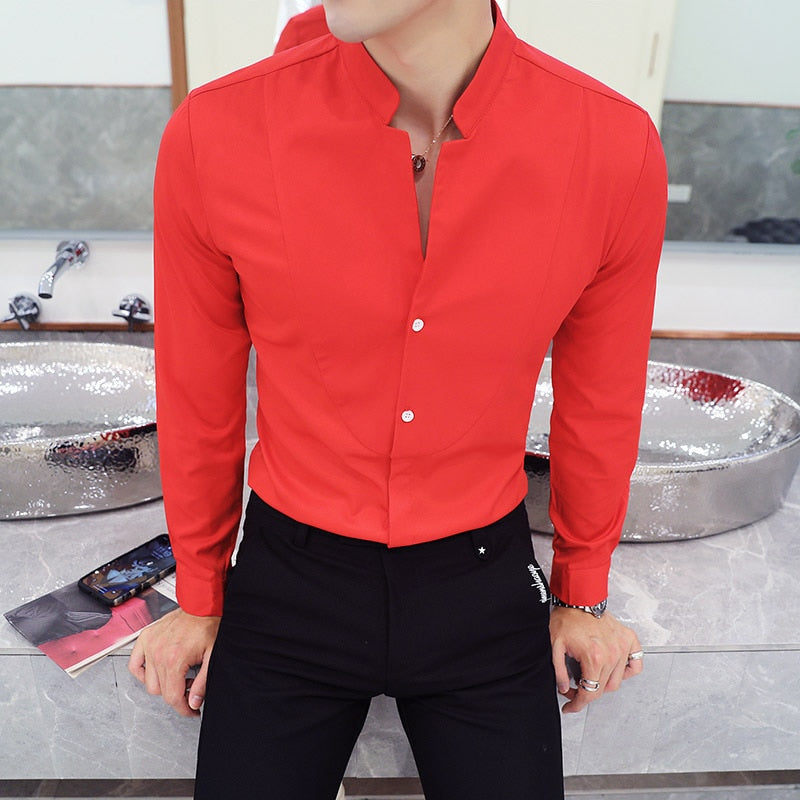 Long Sleeve Shirt - Formal Attire for Any Occasion. Made from Cotton. Turn-Down Collar and Single-Breasted Closure. Available in Different Colors and Sizes.