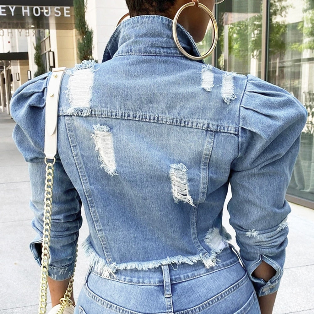 Image of Ripped Women's Jacket with puffed sleeve and ripped style, ideal for layering with tops or blouses. Fashionable and warm for cold weather