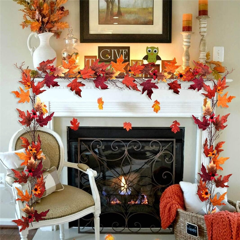 Maple Leaf String Decor featuring golden and silver leaves, perfect for adding a festive touch to Thanksgiving celebrations, versatile for placement on fireplace, door, or steps.