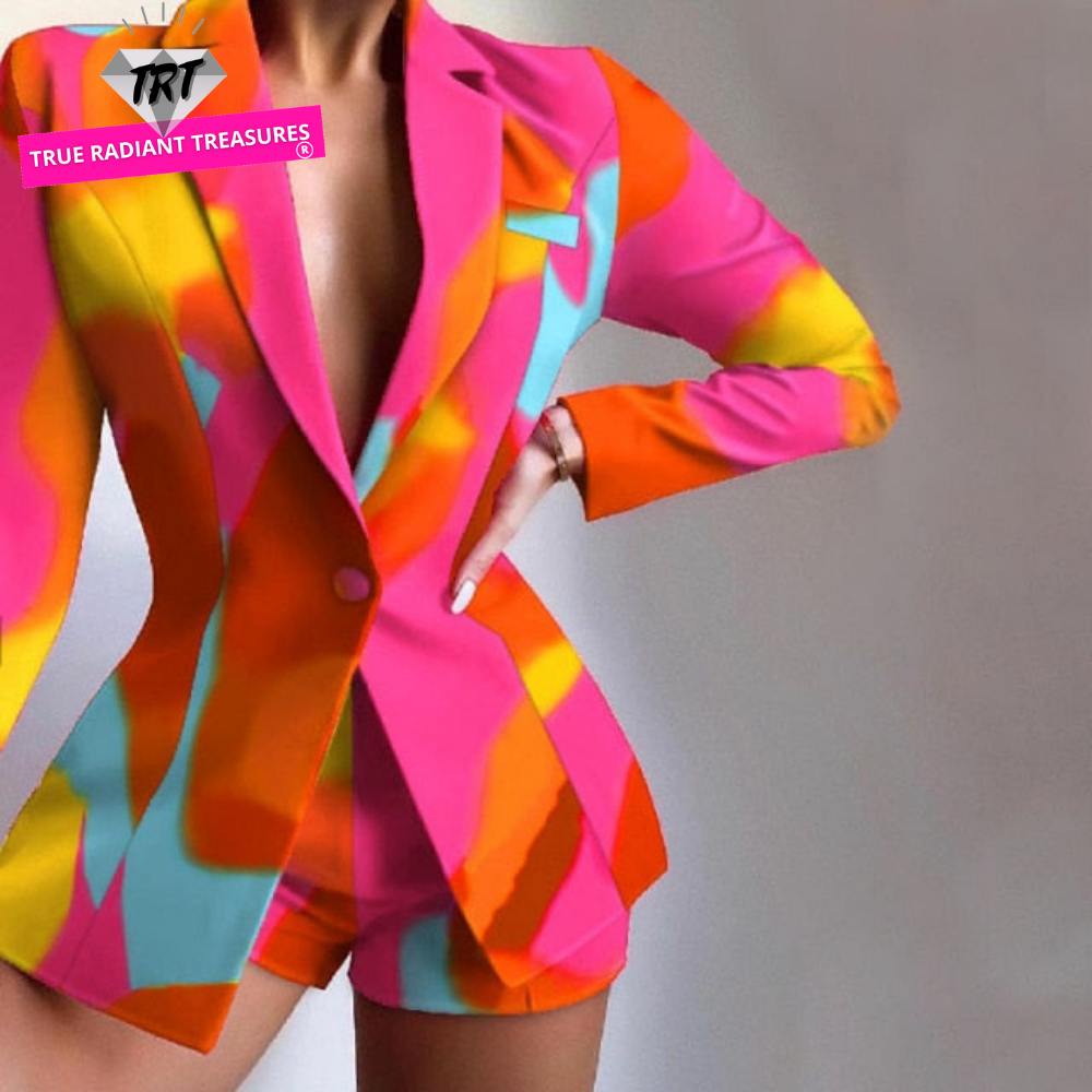 Image of Elegant 2-Piece Blazer Set with blazer, flare pants, and tie-dye decorations. Made of polyester with zipper fly closure, perfect for office or semi-formal events