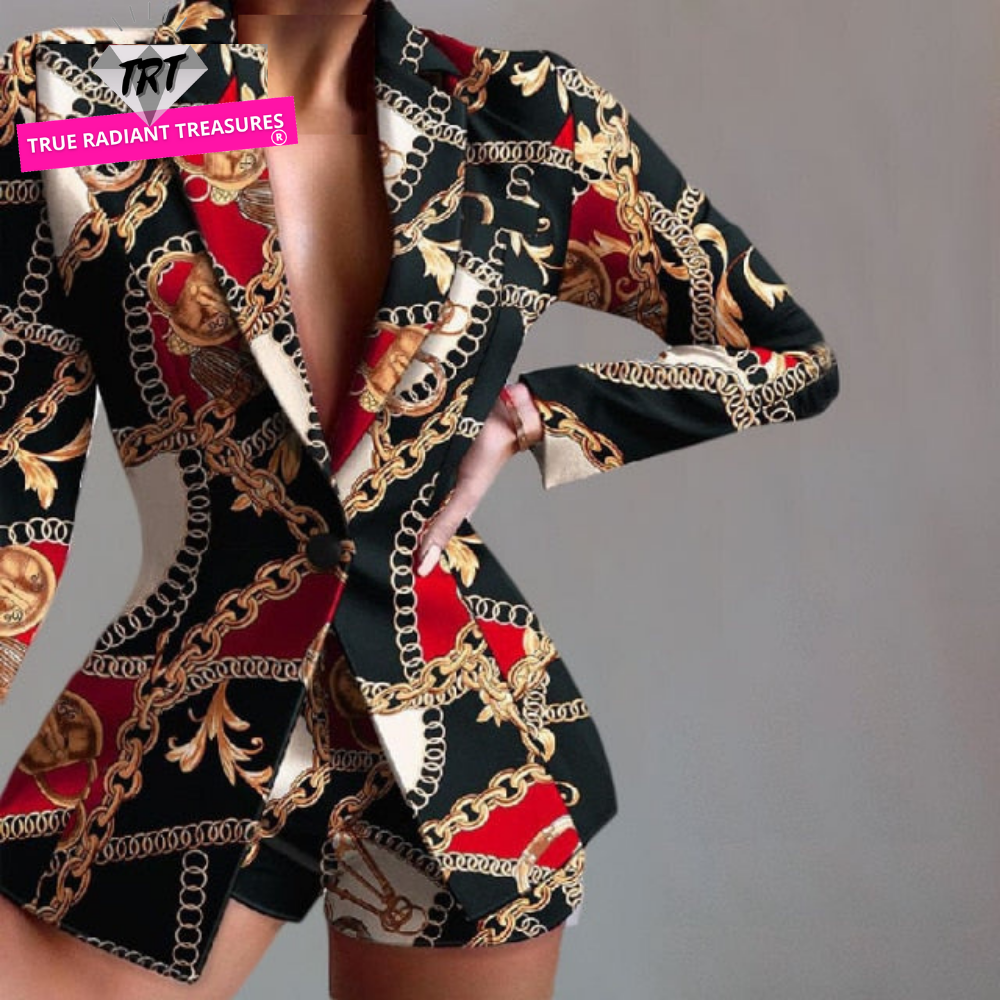 Image of Elegant 2-Piece Blazer Set with blazer, flare pants, and tie-dye decorations. Made of polyester with zipper fly closure, perfect for office or semi-formal events
