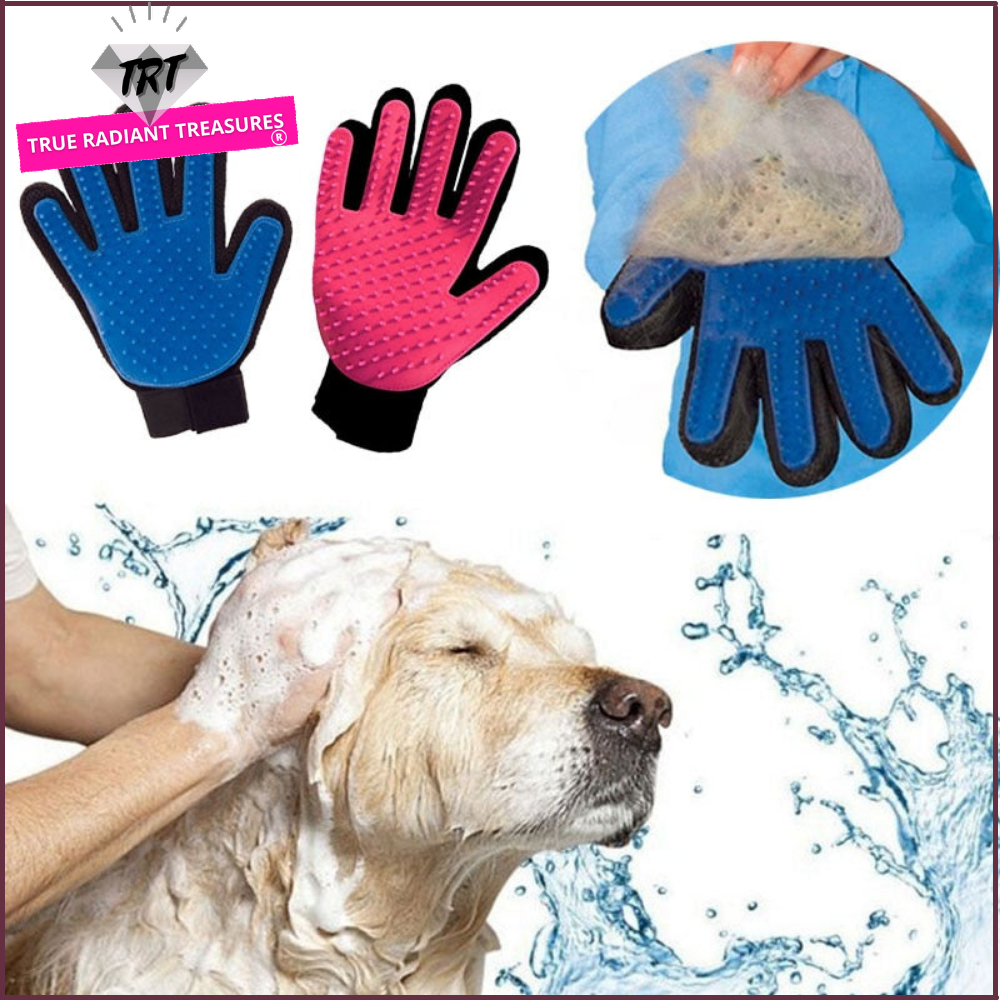Image of Pet Grooming Gloves - Comfortable, adjustable velcro wrist strap, breathable mesh lining, lightweight and washable design. Easy removal of loose hair for calm and happy pets.