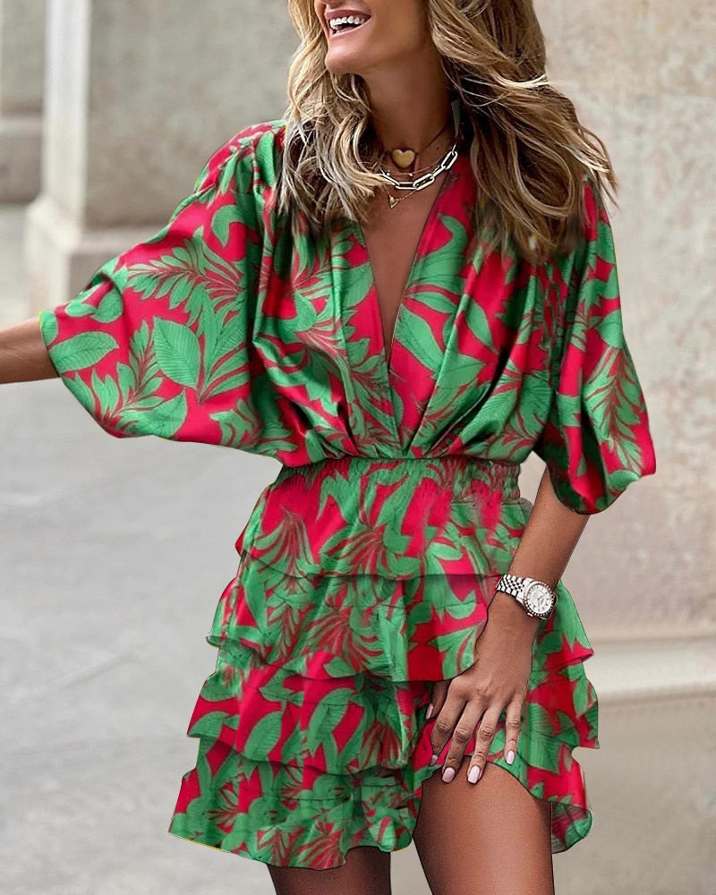Spring-ready Bat Sleeve V-neck Dress made from durable and comfortable polyester, featuring unique batwing sleeves and a gorgeous v-neck for a standout look.