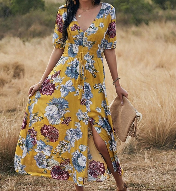 Long floral dress for spring and summer seasons - perfect for any occasion with its vibrant floral print and durable polyester material.