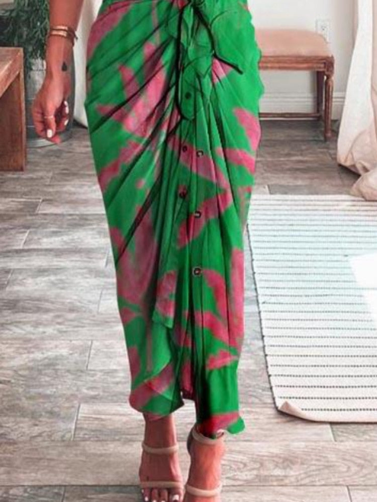 Elegant Tie-up Spring Long Dress in various colors, perfect for office or casual events, made of silky, durable synthetic fiber and polyester, pairs well with high heels for a slimming effect.