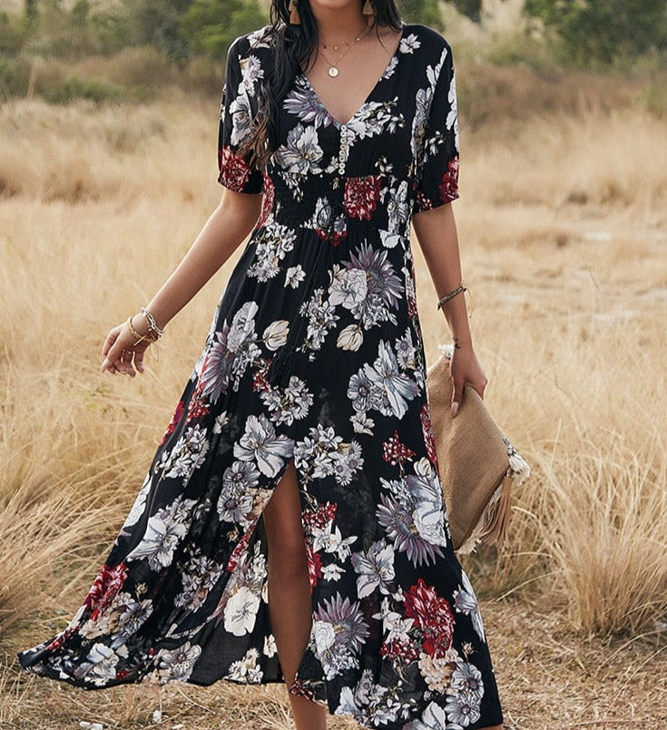 Long floral dress for spring and summer seasons - perfect for any occasion with its vibrant floral print and durable polyester material.