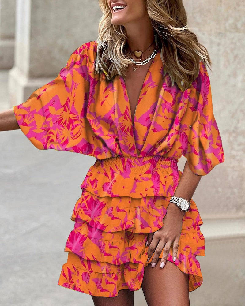 Spring-ready Bat Sleeve V-neck Dress made from durable and comfortable polyester, featuring unique batwing sleeves and a gorgeous v-neck for a standout look.