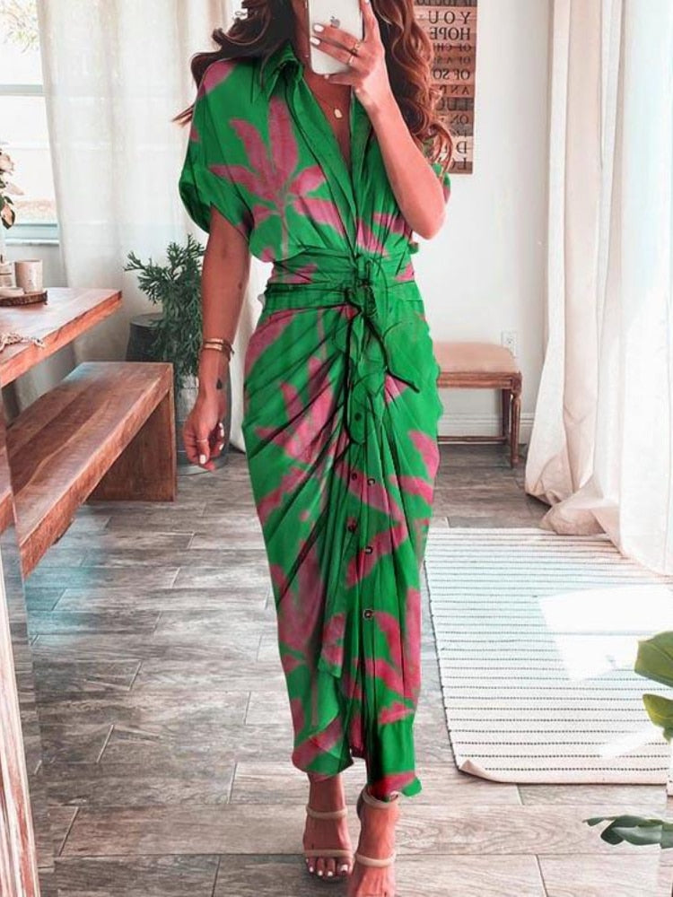 Elegant Tie-up Spring Long Dress in various colors, perfect for office or casual events, made of silky, durable synthetic fiber and polyester, pairs well with high heels for a slimming effect.