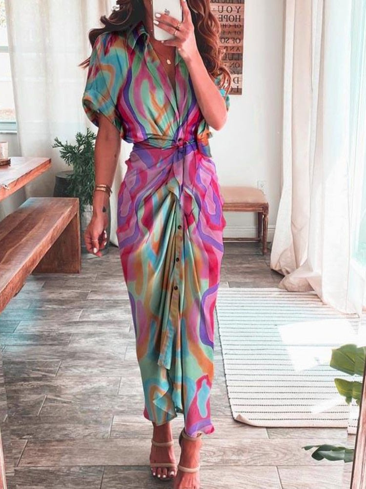 Elegant Tie-up Spring Long Dress in various colors, perfect for office or casual events, made of silky, durable synthetic fiber and polyester, pairs well with high heels for a slimming effect.