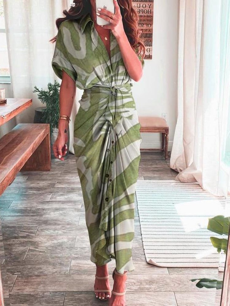 Elegant Tie-up Spring Long Dress in various colors, perfect for office or casual events, made of silky, durable synthetic fiber and polyester, pairs well with high heels for a slimming effect.