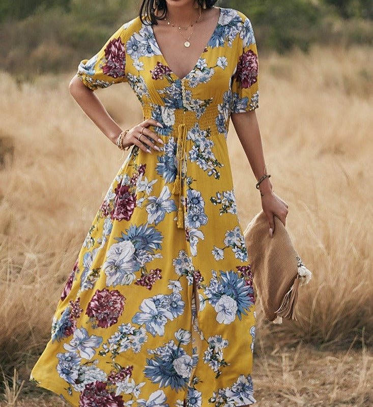 Long floral dress for spring and summer seasons - perfect for any occasion with its vibrant floral print and durable polyester material.
