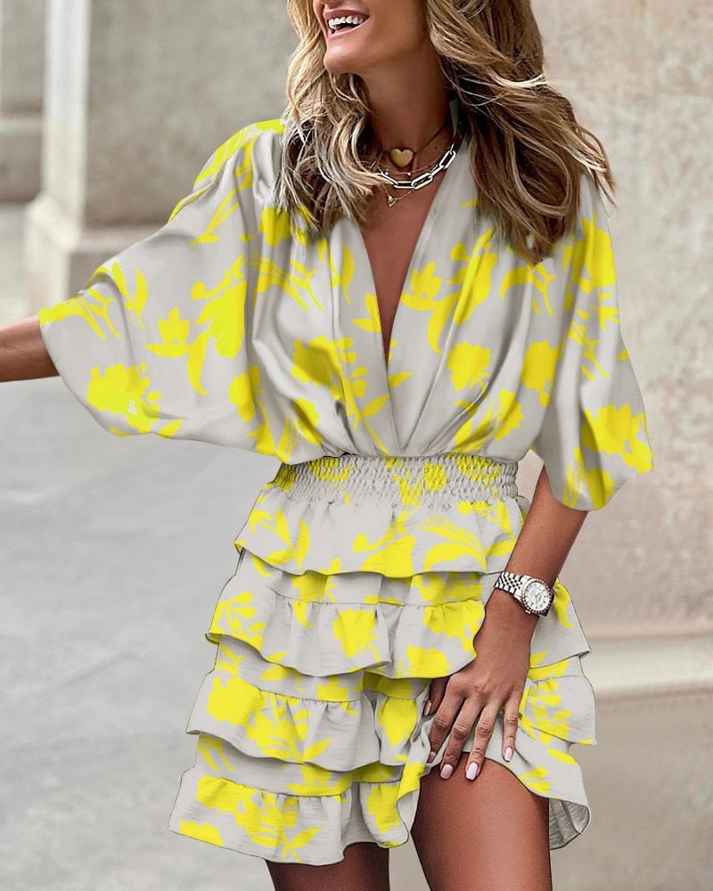 Spring-ready Bat Sleeve V-neck Dress made from durable and comfortable polyester, featuring unique batwing sleeves and a gorgeous v-neck for a standout look.