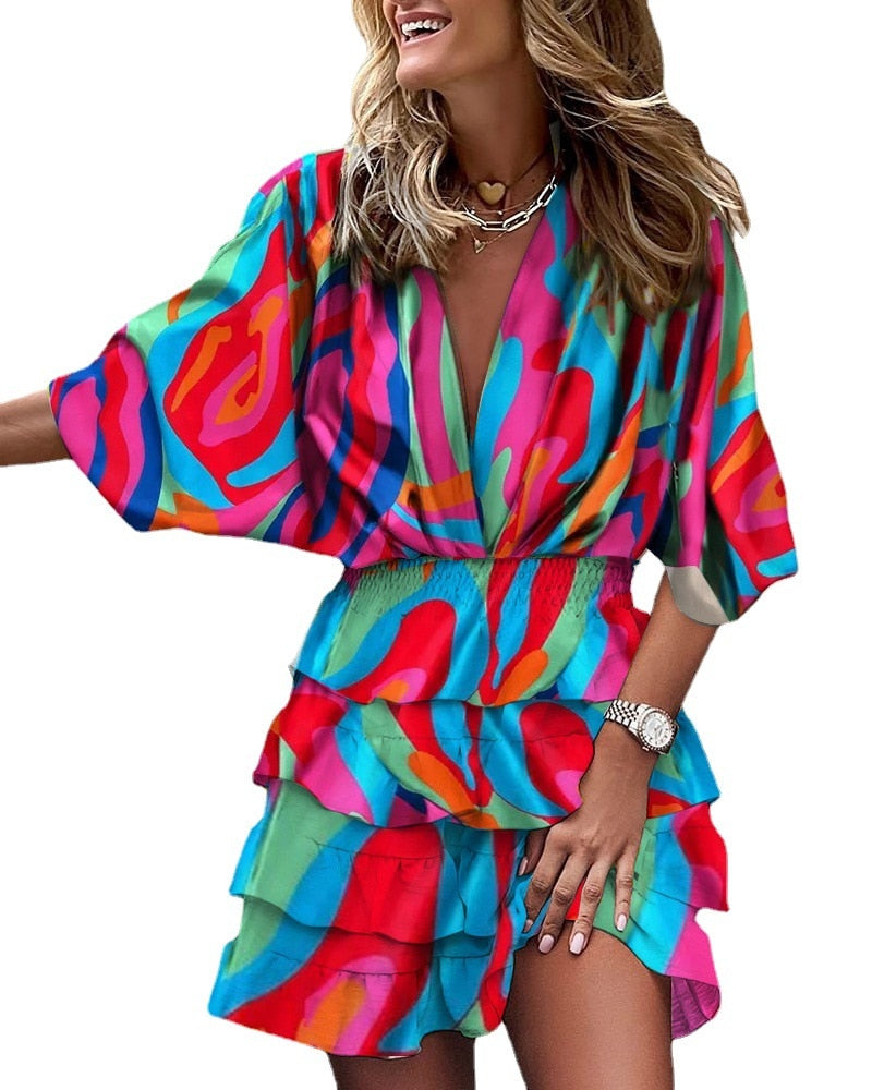 Spring-ready Bat Sleeve V-neck Dress made from durable and comfortable polyester, featuring unique batwing sleeves and a gorgeous v-neck for a standout look.