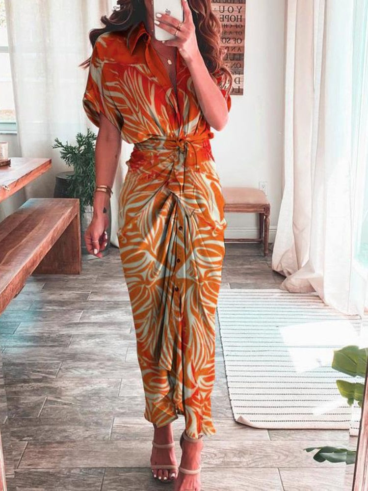 Elegant Tie-up Spring Long Dress in various colors, perfect for office or casual events, made of silky, durable synthetic fiber and polyester, pairs well with high heels for a slimming effect.