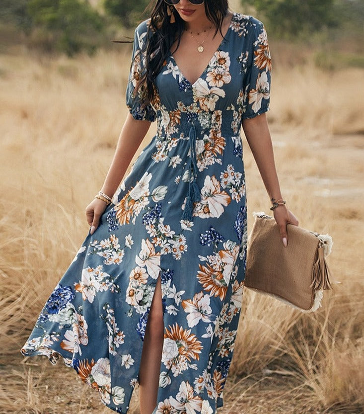 Long floral dress for spring and summer seasons - perfect for any occasion with its vibrant floral print and durable polyester material.