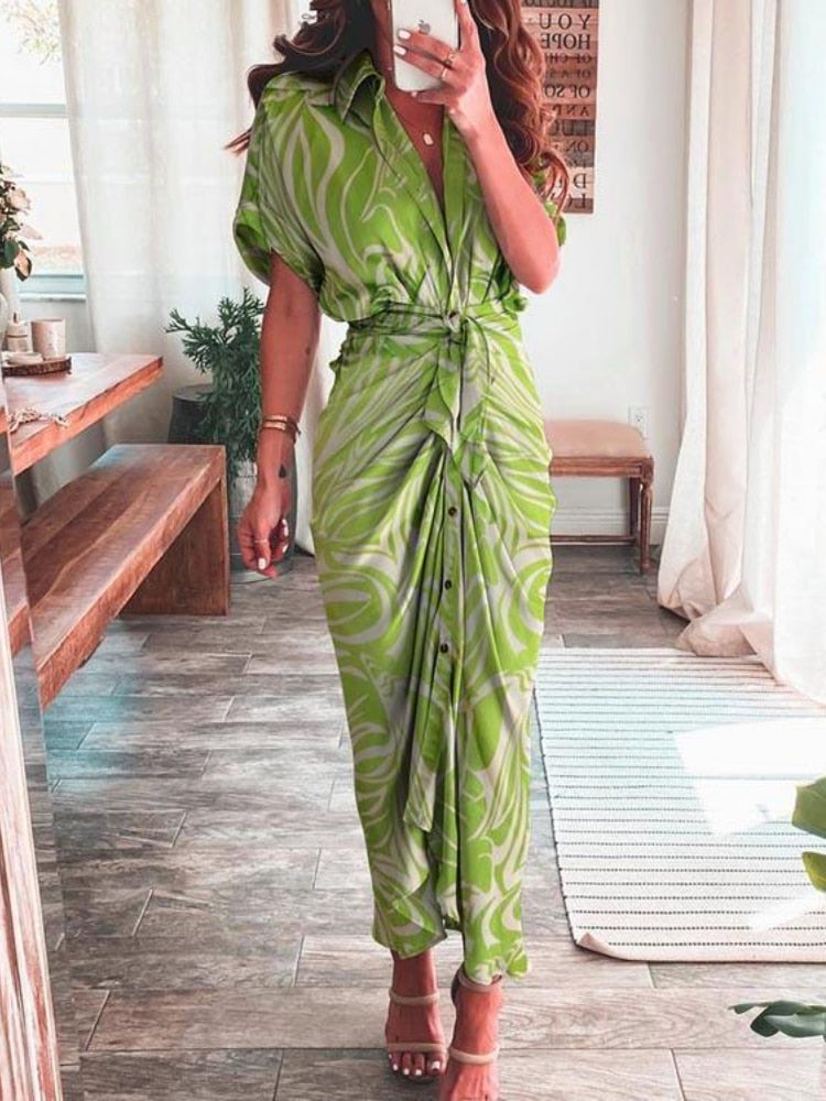 Elegant Tie-up Spring Long Dress in various colors, perfect for office or casual events, made of silky, durable synthetic fiber and polyester, pairs well with high heels for a slimming effect.