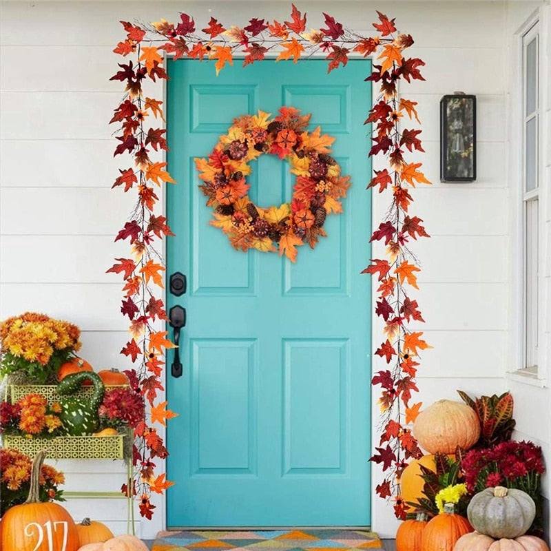 Maple Leaf String Decor featuring golden and silver leaves, perfect for adding a festive touch to Thanksgiving celebrations, versatile for placement on fireplace, door, or steps.