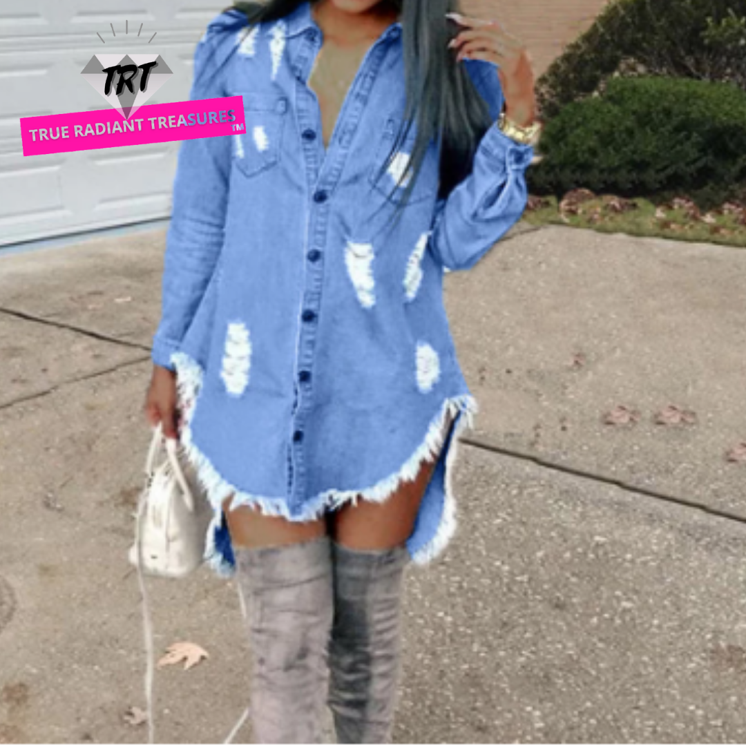 Chic woman wearing Long Denim Jacket with turn-down collar and empire waistline, styled as a mini dress with high heels
