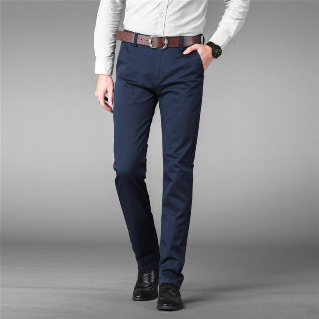 A pair of Straight Office Male Trousers in various colors, featuring a timeless classy design and an elastic waistband for comfort