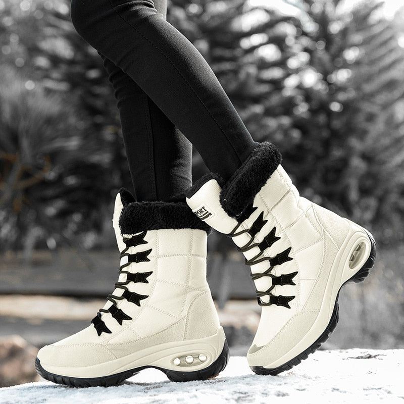Fashionable Warm Mid-Calf Women's Boots with wedges heel and round toe, available in beige, black, and red for a stylish and cozy Fall and Winter footwear option.