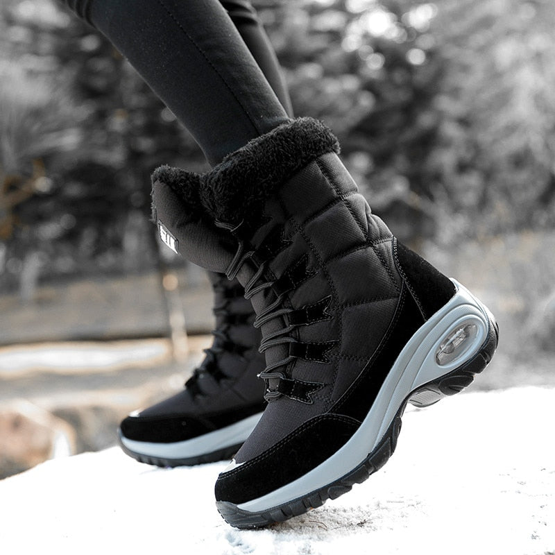 Fashionable Warm Mid-Calf Women's Boots with wedges heel and round toe, available in beige, black, and red for a stylish and cozy Fall and Winter footwear option.