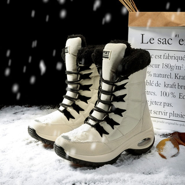Fashionable Warm Mid-Calf Women's Boots with wedges heel and round toe, available in beige, black, and red for a stylish and cozy Fall and Winter footwear option.