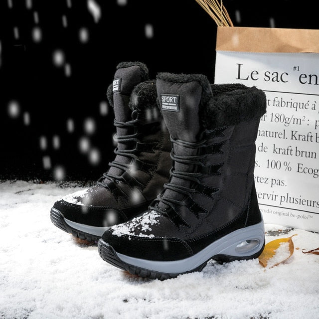 Fashionable Warm Mid-Calf Women's Boots with wedges heel and round toe, available in beige, black, and red for a stylish and cozy Fall and Winter footwear option.