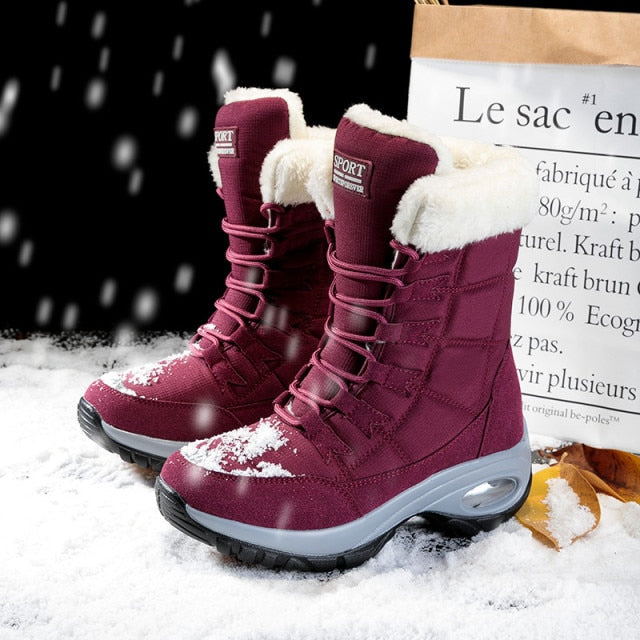 Fashionable Warm Mid-Calf Women's Boots with wedges heel and round toe, available in beige, black, and red for a stylish and cozy Fall and Winter footwear option.