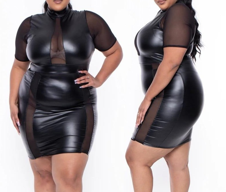Women's Elegant Knee-Length Dress - Turtle Neck - See-Through Sleeves and Cleavage Design - Perfect Blend of Elegance and Sexiness.