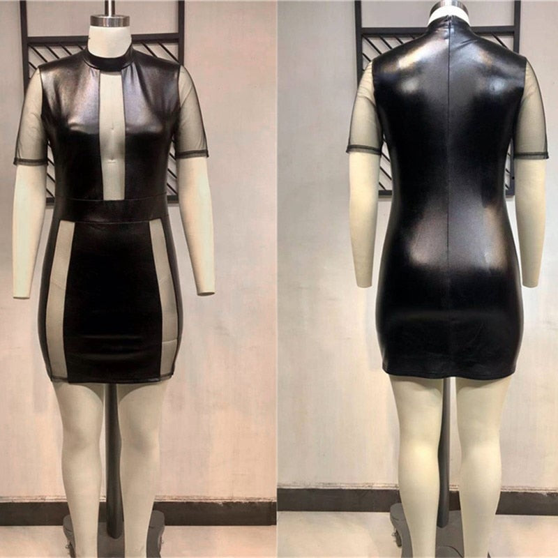 Women's Elegant Knee-Length Dress - Turtle Neck - See-Through Sleeves and Cleavage Design - Perfect Blend of Elegance and Sexiness.